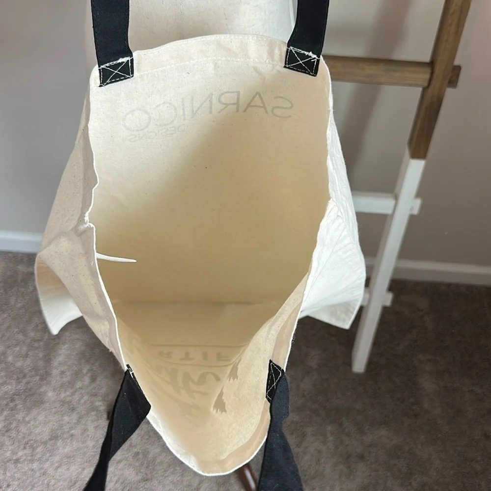 Sarnico Designs Cream Tote Bag with Black Vinyl North Pole Certified Design New